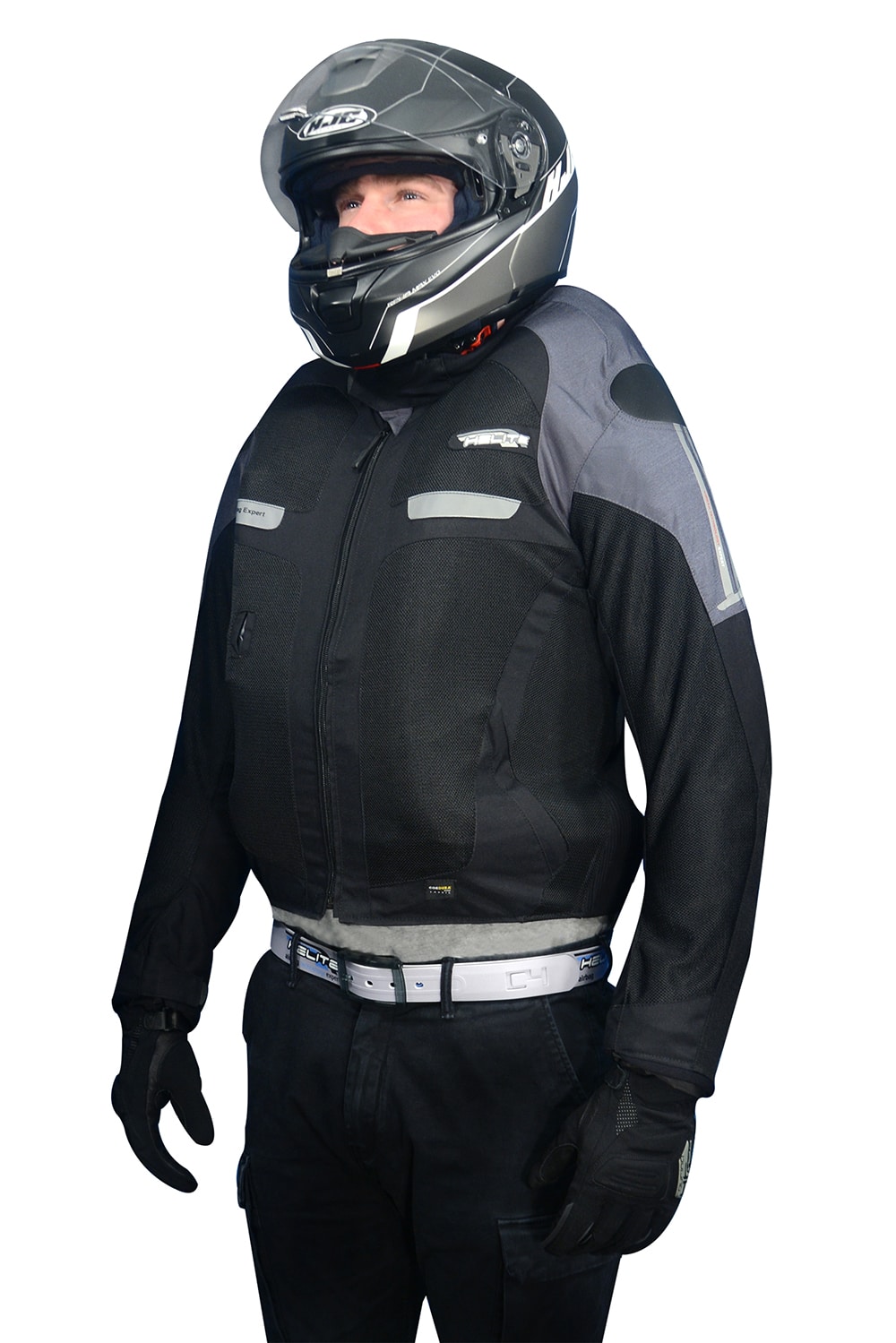 biker being safe by wearing the vented motorcycle jacket front view inflated